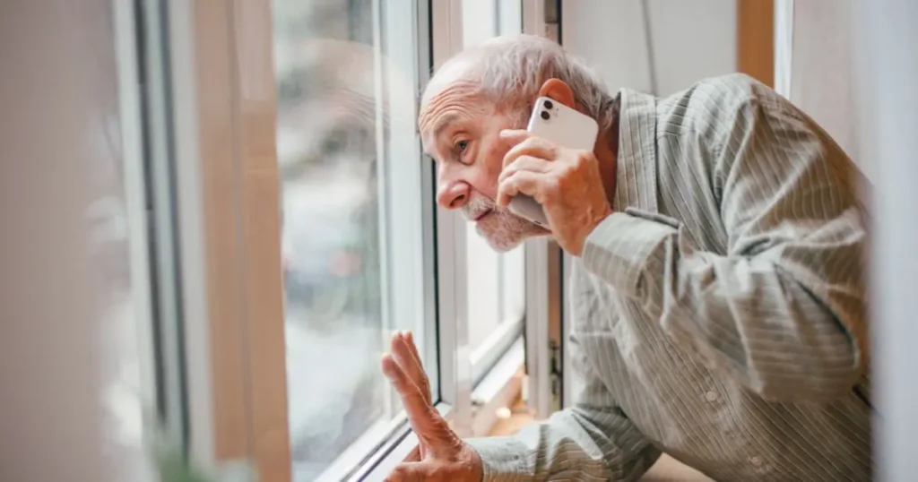 Äldre man med grått hår och skägg står vid ett fönster och pratar i mobiltelefon med orolig min.